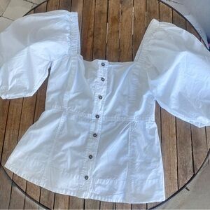 Ganni button up blouse white Sz 40 puffy sleeves NWOT